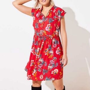LOFT Red Floral Shift Dress XS Short Sleeve Summer Mini